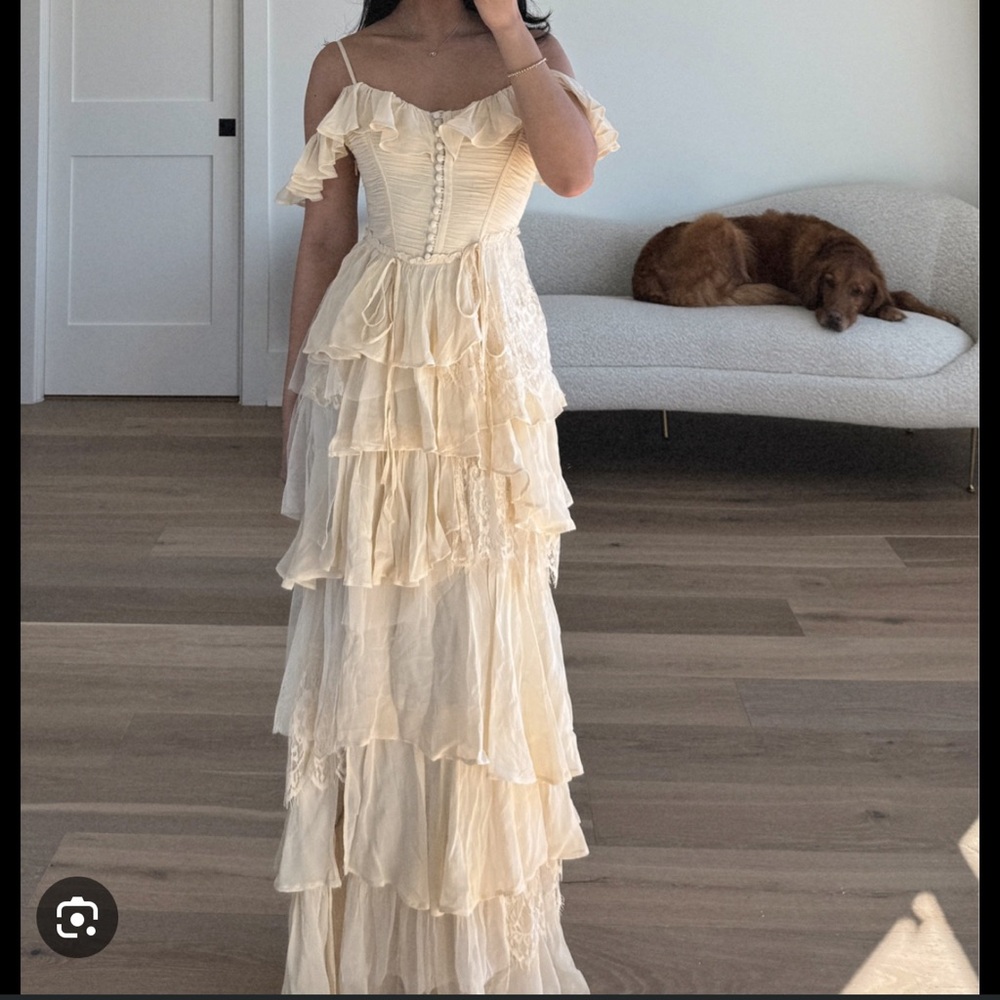 BY ANTHROPOLOGIE CORSET TIERED LACE RUFFLE DRESS